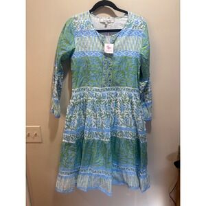 NWT‎ Bella Tu Taryn Dress XS Blue Green Floral Stripe Tiered Midi 3/4 Sleeve